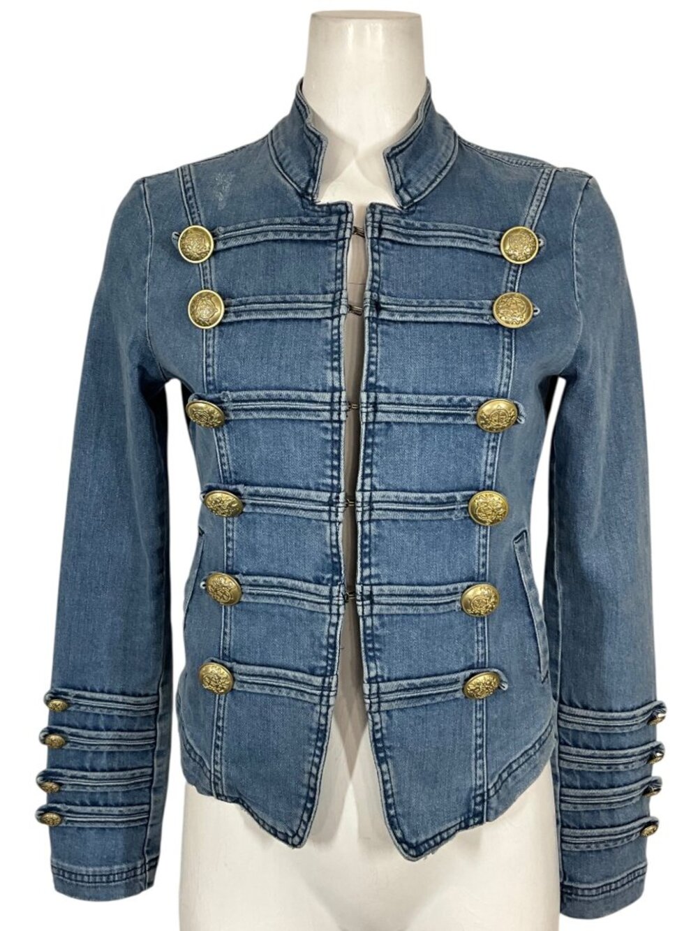 Free People Fitted Military Denim Jacket S Blue Cropped - Picture 7 of 16